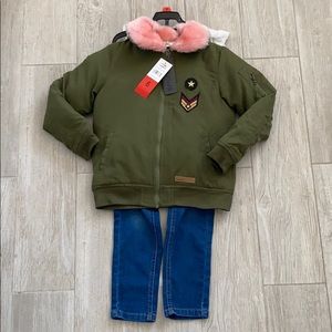 3 piece aviator jacket, jeans, and shirt set.